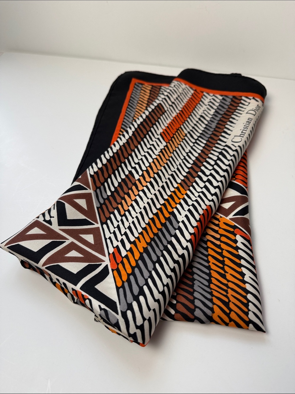 Dior Orange, Brown, Black & Cream Geometric Silk Skirt Scarf